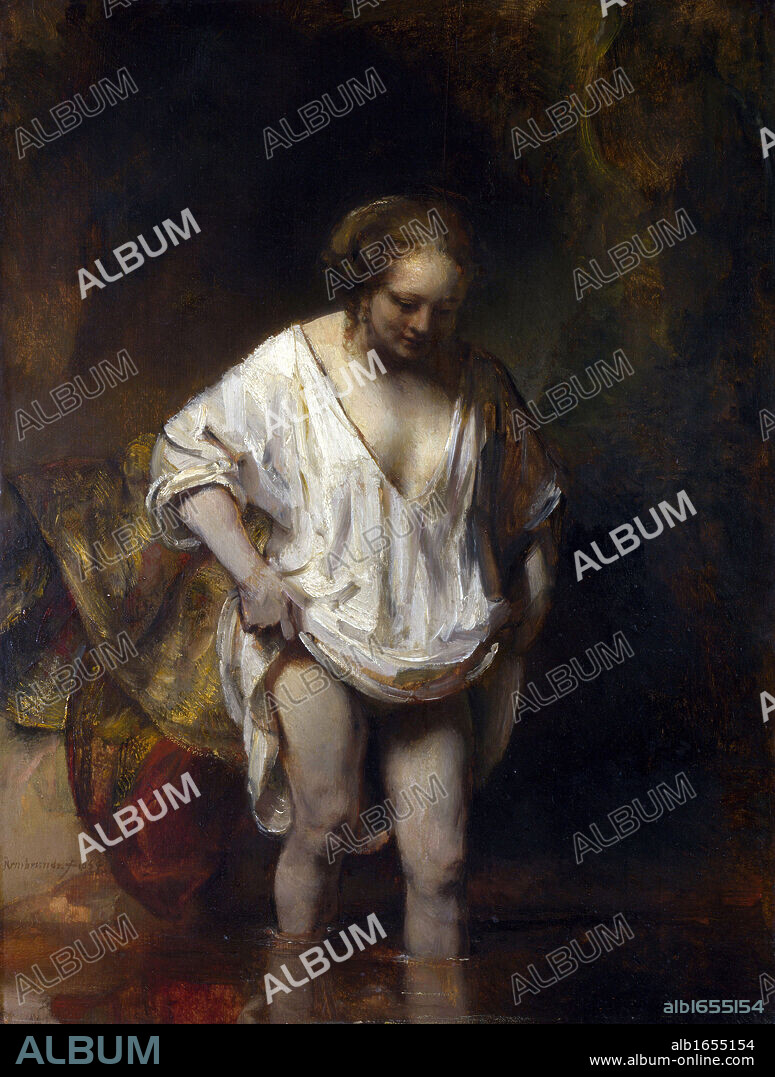 A Woman Bathing in a Stream', 1654. Oil on oak. Rembrandt van Rijn (1606- 1669 ) Dutch painter and etcher. Model thought to be Hendrickje Stoffels (c1625/6-1663) Rembrandt's common-law wife.