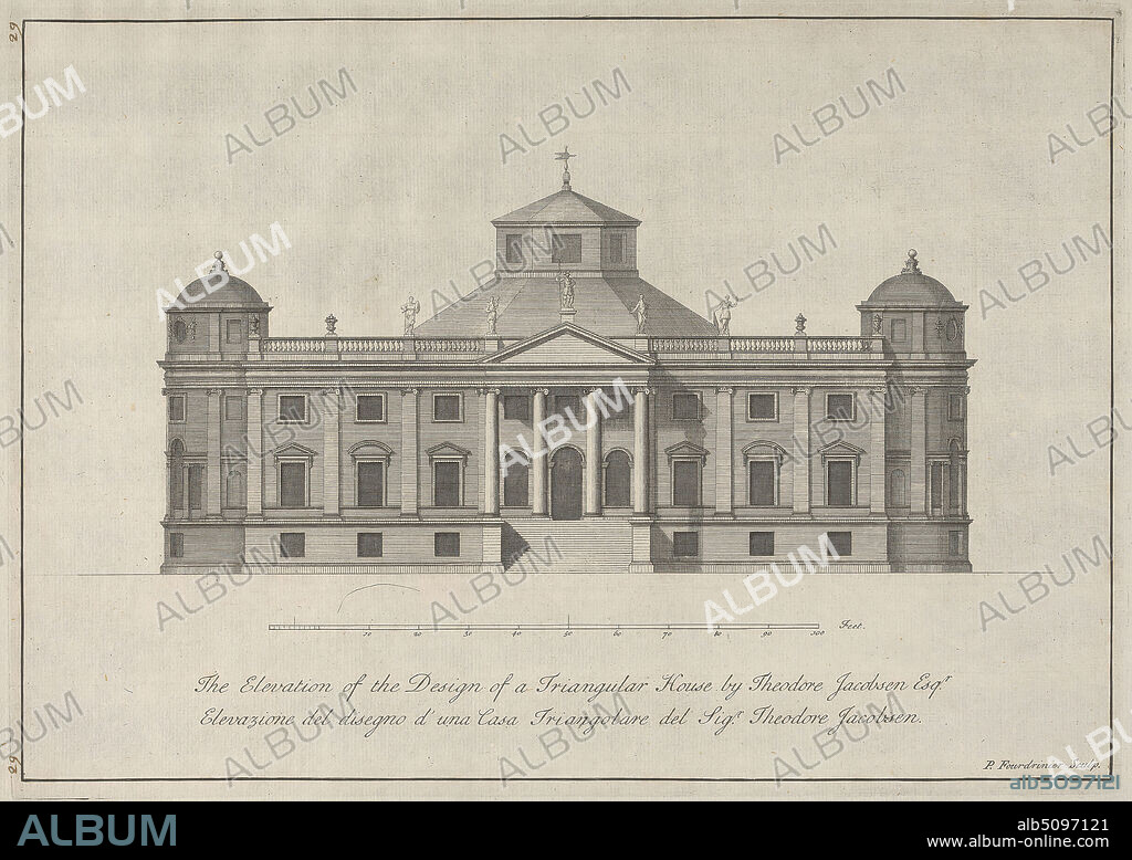The Elevation of the Design of a Triangular House by Theodore Jacobsen Esqr., Paul Fourdrinier, French, after Theodore Jacobsen, died 1772, British, undated, Etching on moderately thick, slightly textured, cream laid paper, Sheet: 10 7/8 x 16 3/16 inches (27.6 x 41.1 cm), Plate: 9 11/16 x 13 5/8 inches (24.6 x 34.6 cm), and Image: 9 1/4 x 13 5/16 inches (23.5 x 33.8 cm), arches, architectural drawing, architectural subject, columns, cupola, design, elevation (drawing), house, measurement, Neo-Classical, pediments, plan (drawing), reliefs, scale (rule), statues, triangular, windows.