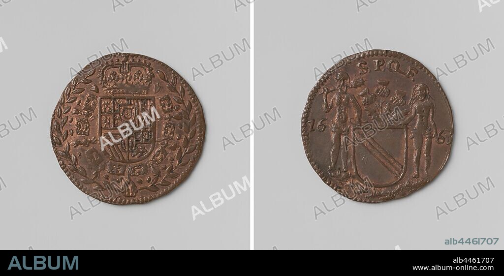 The Free of Bruges, Copper Medal. Front: crowned coat of arms, hanging with the order of the Golden Fleece within laurel wreath. Reverse: coat of arms under three oak branches, flanked by two game men, of which the left club carries over shoulder between the year under inscription, Vrije van Brugge, Philip IV (King of Spain), anonymous, Bruges, 1663, copper (metal), striking (metalworking), d 3.1 cm × w 68 gr.