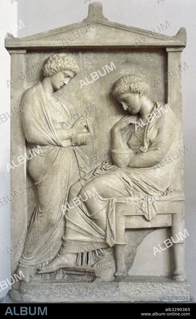 Attic funerary stele. 4th century. Farewell scene. Woman with her slave and jewelry box. National Archaeological Museum. Athens. Greece.