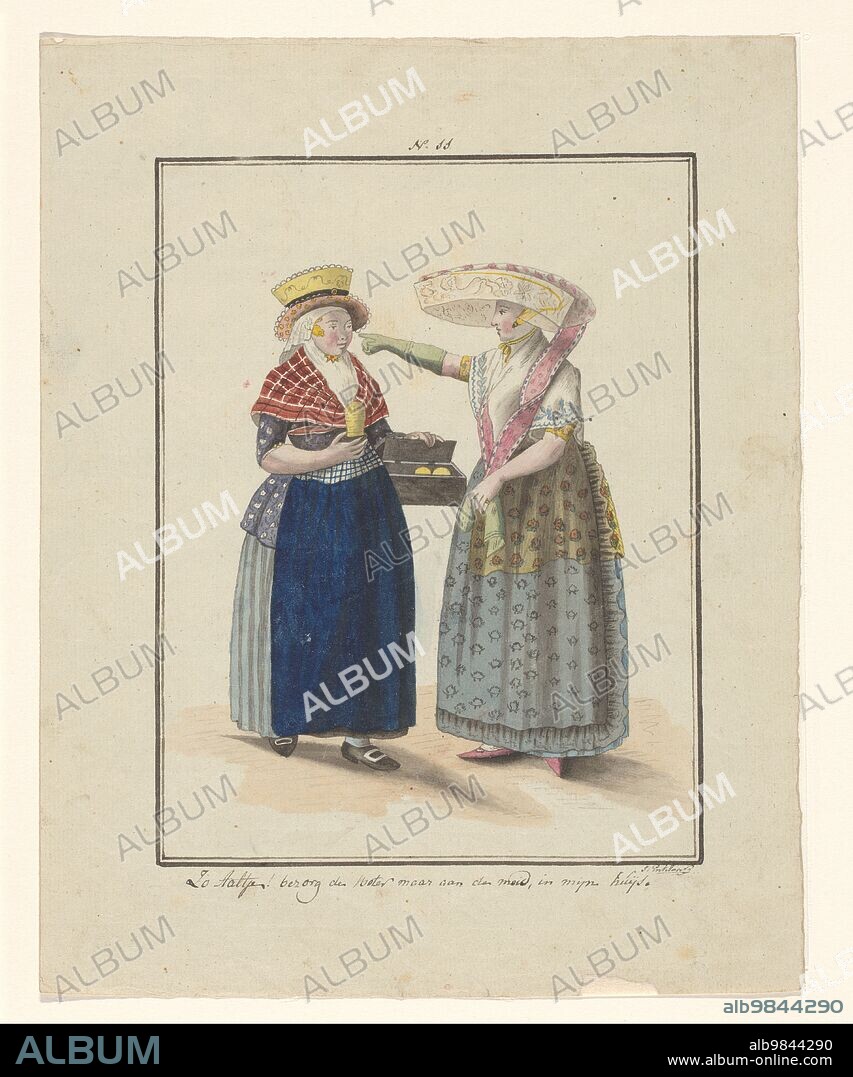 J. ENKLAAR. Frisian butter merchant, 1803-c.1899. Two women in Frisian traditional costume. The saleswoman holds a box of fresh butter. The customer wears a wide-brimmed hat and points to her house.
