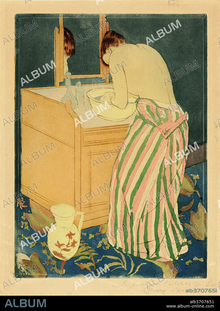 MARY CASSATT. Woman Bathing. Dated: 1890-1891. Dimensions: plate: 36.5 x 26.6 cm (14 3/8 x 10 1/2 in.)  sheet: 47.9 x 31.2 cm (18 7/8 x 12 5/16 in.). Medium: color drypoint and aquatint on laid paper.