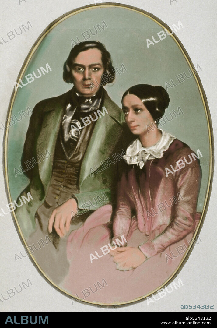 Robert Schumann (1810-1856). Compositor y pianista alemán. Clara Schumann (1819-1896). Retrato de Robert y Clara Schumann. 1847. Coloreado.