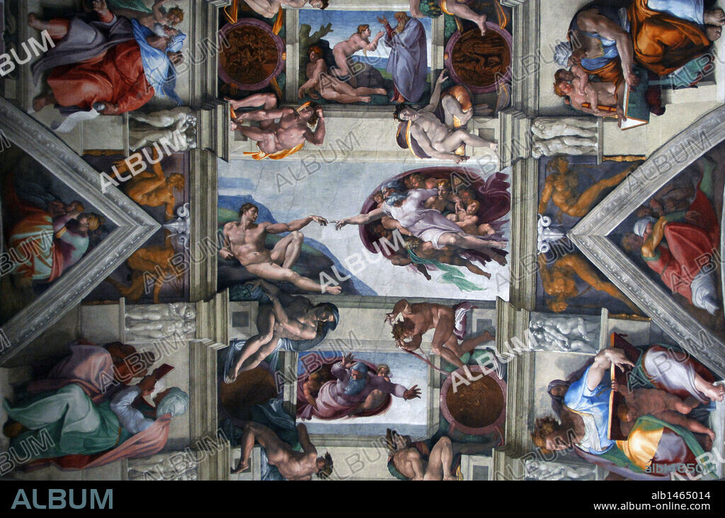 ARTE RENACIMIENTO. ITALIA. S. XVI. MIGUEL ANGEL (Michelangelo Buonarroti) (1475-1564). Pintor, escultor y arquitecto italiano. FRESCOS DE LA BOVEDA DE LA CAPILLA SIXTINA, realizadas entre 1508 y 1512, en los que destaca "LA CREACION DE ADAN" (centro). Museos Vaticanos. Ciudad del Vaticano.