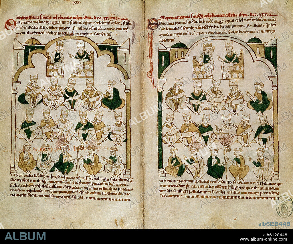 REPRESENTACION DEL XVII CONCILIO DE TOLEDO CELEBRADO EN 694 BAJO LA PRESIDENCIA DEL REY EGICA - LIBRO DE CANONES - SIGLO XII.