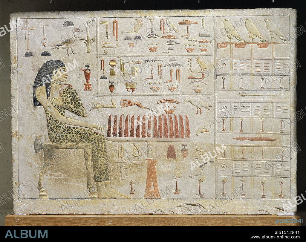 Egyptian civilization, Old Kingdom, Dynasty IV. Painted limestone stele of Nefertiabet, daughter of pharaoh Cheops, wearing a leopard skin. From Giza.