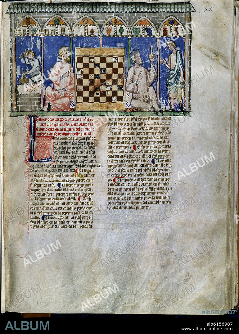 ALFONSO X OF CASTILE THE WISE. GAMES BOOK OR CHESS BOOK, DICE GIVEN AND TABLES - 1283 - SHEET 31R - CHESS DEPARTURE IN A PHARMACY - GOTHIC MANUSCRIPT.