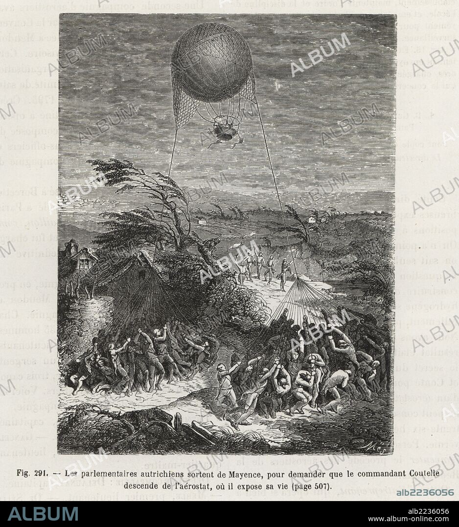 Austrian ministers demanding that Colonel Jean Marie-Joseph Coutelle descend from his balloon during the siege of Mainz, 1793. Woodblock engraving by Mes from Louis Figuier's "Les Merveilles de la Science: Aerostats" (Marvels of Science: Air Balloons), Furne, Jouvet et Cie, Paris, 1868.