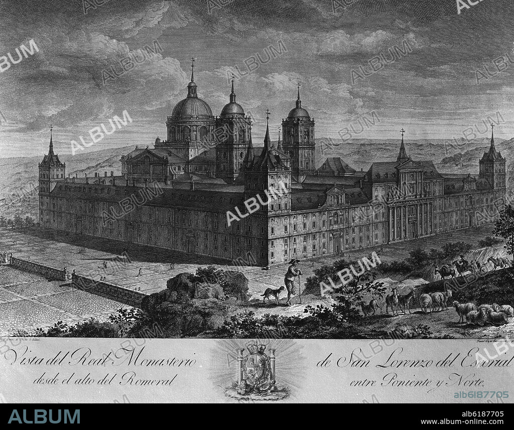 JOSE GOMEZ DE NAVIA (1757-1812). VISTA DEL REAL MONASTERIO DE SAN LORENZO DEL ESCORIAL DESDE EL ALTO DEL ROMERAL ENTRE PONIENTE Y NORTE - GRABADO SIGLO XIX.