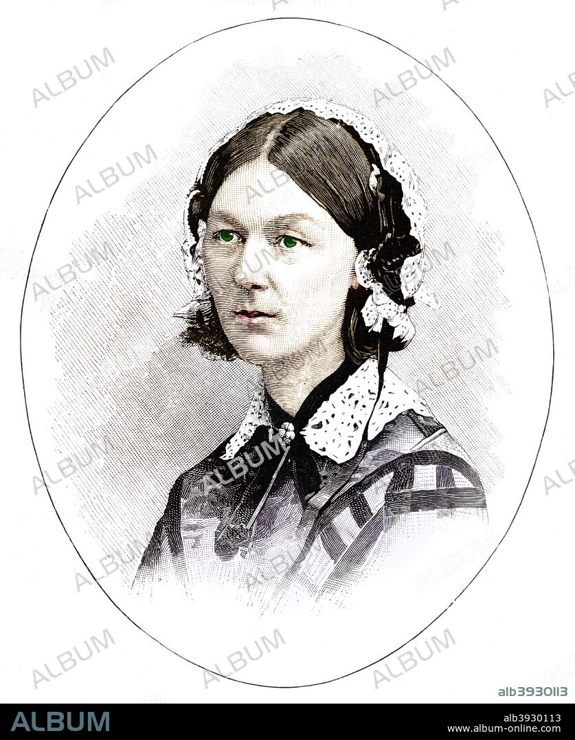 Florence Nightingale (1820-1910), British nurse. Florence Nightingale made her reputation by her organisation of nursing service during the Crimean War. Thereafter she worked tirelessly to improve public health nursing at St Thomas's Hospital in London. (Colorised black and white print).