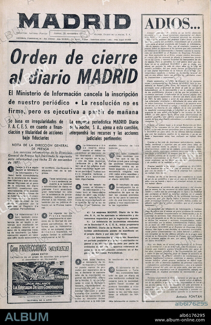 PORTADA DEL DIARIO MADRID CON EL ORDEN DE CIERRE DECRETADO POR EL GOBIERNO- 25/11/1971.
