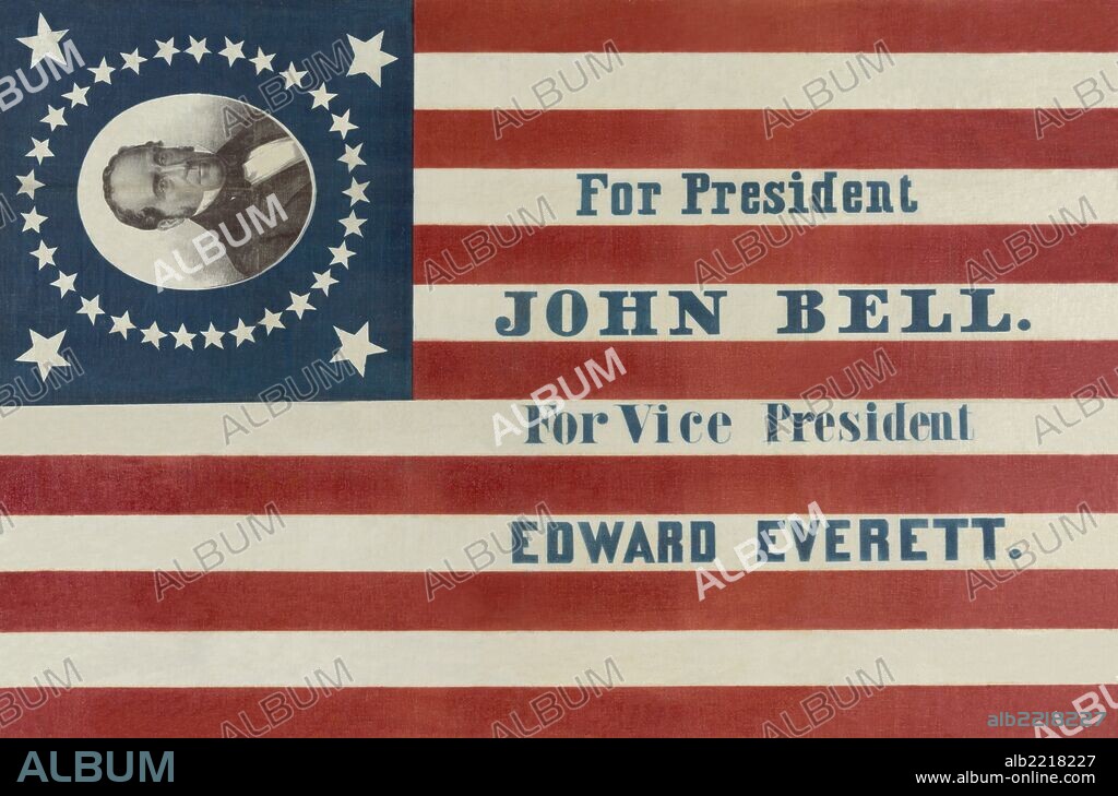 Campaign banner for Constitutional Union party presidential candidate John Bell and running mate Edward Everett. The banner consists of a printed, thirty-three star American flag pattern with an oval bust portrait of Bell encircled by stars on a blue field.