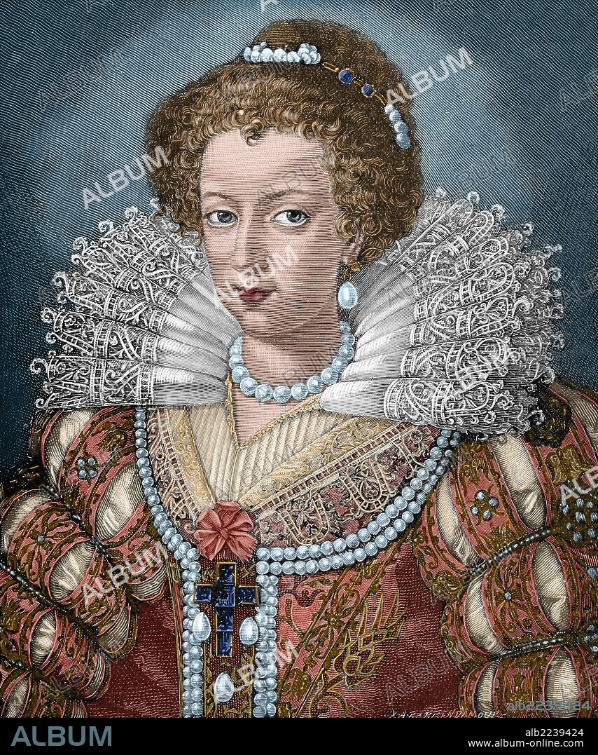 ISABEL DE AUSTRIA (1554-1592). Archiduquesa de Austria, hija del Sacro Emperador Romano Maximiliano II de Habsburgo y de María de Austria y Portugal, Infanta de España. Esposa del rey de Francia Carlos IX. Grabado por R. Brend'Amour. "Historia Universal", año 1885. Coloreado.