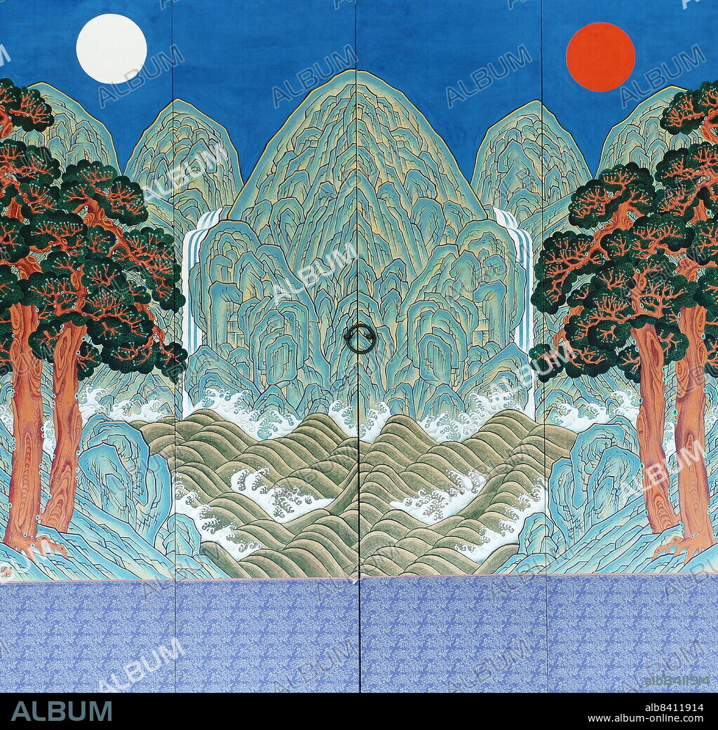 the Irworobongdo, a Korean folding screen with a highly stylized landscape painting of a sun and moon, five peaks which always was set behind Eojwa, the king's royal throne during the Joseon Dynasty. literally means Painting of the Sun, Moon and the Five Peaks and is also called Irwoldo located in the Gyeongbokgung Palace was the main royal palace of the Joseon dynasty. Built in 1395, it is located in northern Seoul, South Korea.