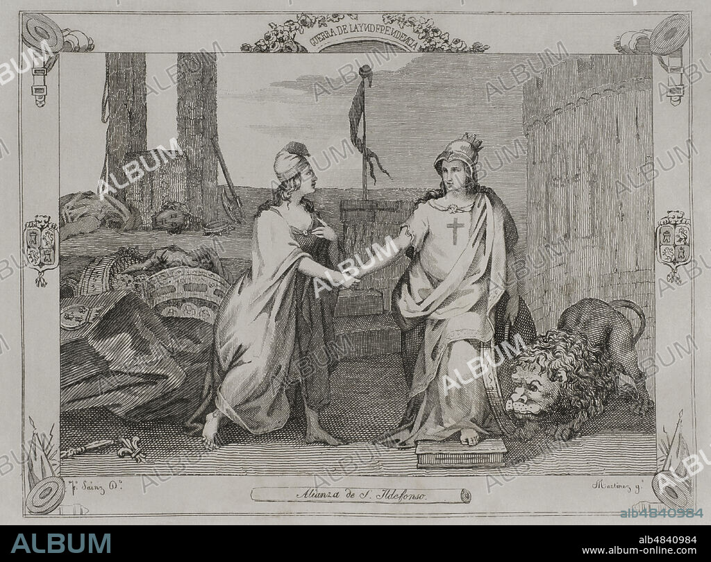 "Tratado de San Ildefonso" (18 de agosto de 1796). Alianza militar firmada entre España y Francia para mantener una política conjunta frente a Gran Bretaña. Como representantes, Manuel Godoy en nombre de Carlos IV de España y el general Catheriene-Dominique de Perignon, emisario del directorio francés. Alianza de San Ildefonso. Grabado. "Historia del Levantamiento, Guerra y Revolución de España, por el Conde de Toreno. Madrid,1851.
