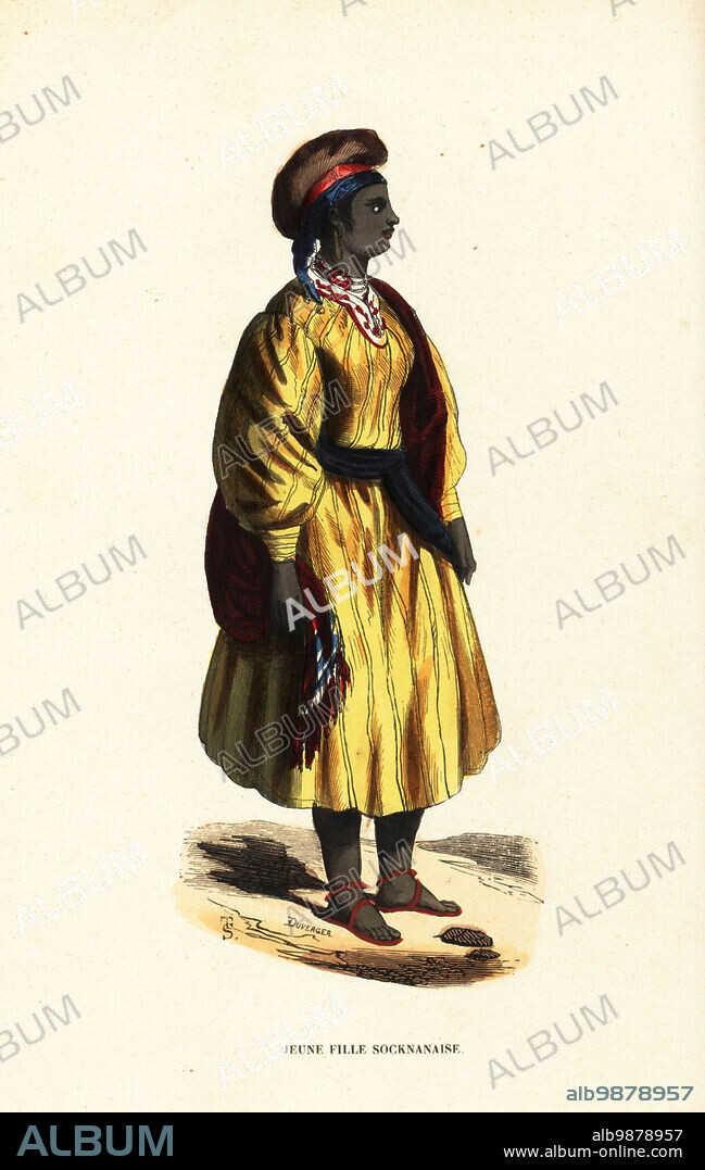 Young girl of Sokna, Fezzan, Kingdom of Tripoli (Libya). The women of Sokna wear dresses of striped silk or tulle, silver earrings, bracelets and leg ornaments. Jeune fille Socknanaise. Handcoloured woodcut by T.S. and Duverger from Auguste Wahlen's Moeurs, Usages et Costumes de tous les Peuples du Monde, (Manners, Customs and Costumes of all the People of the World) Librairie Historique-Artistique, Brussels, 1845. Wahlen was the pseudonym of Jean-Francois-Nicolas Loumyer (1801-1875), a writer and archivist with the Heraldic Department of Belgium.