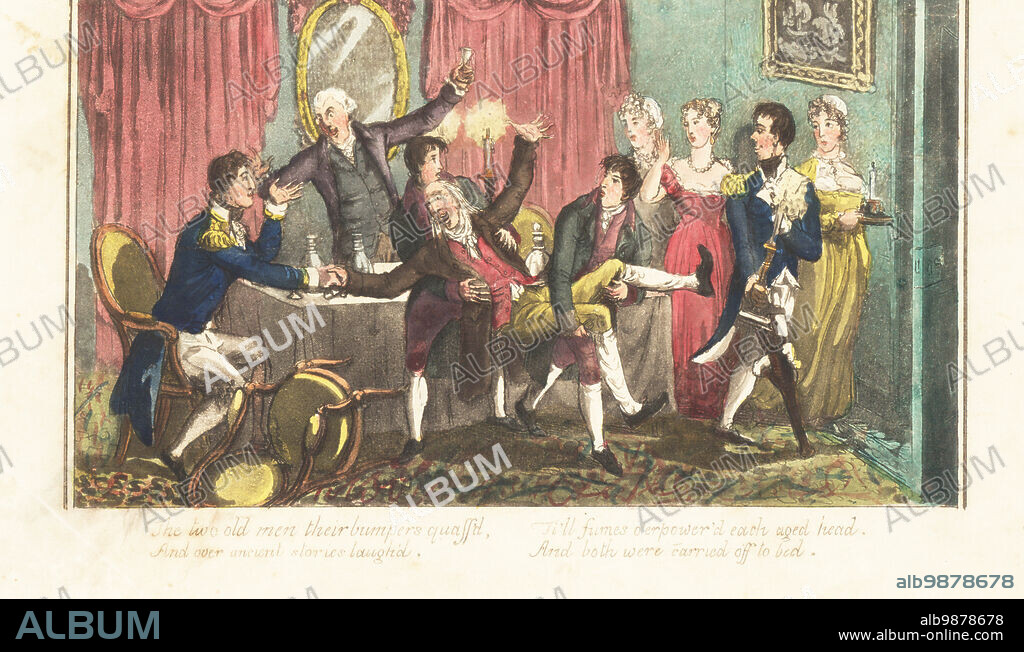 Drunken scene at a wedding party in an English Regency parlour. The groom's drunk father carried out by two liveried servants. Admiral Bowsprit and rescued odalisk Ellen celebrate their marriage with their drunken fathers and amputee Captain Bomb. Handcoloured copperplate engraving by Charles Williams from The Post Captain, or Adventures of a True British Tar by a Naval Officer, J. Johnston, London, 1817. Attributed to Alfred Thornton or John Mitford.