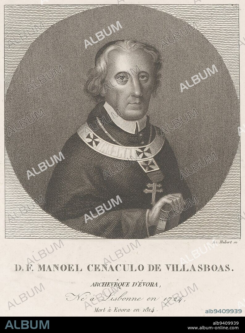 Portrait of Manuel do Cenculo D.F. Manoel Cenaculo de Villasboas , print maker: Hél. Hubert, (mentioned on object), publisher: Hél. Hubert, (mentioned on object), Paris, 1811 - 1841, paper, etching, h 245 mm - w 173 mm.
