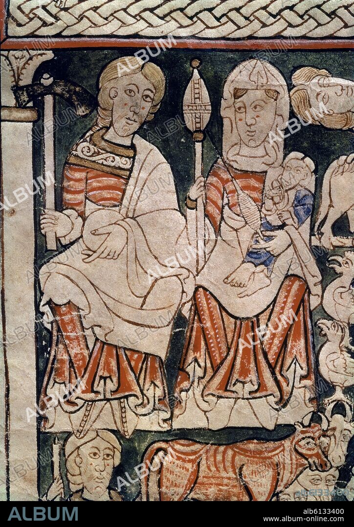 BIBLIA SACRA DE BURGOS - ADAN Y EVA CON UNO DE SUS HIJOS - SIGLO XII - MS 173-F 12V - PROCEDE DE SAN PEDRO DE CARDEÑA.