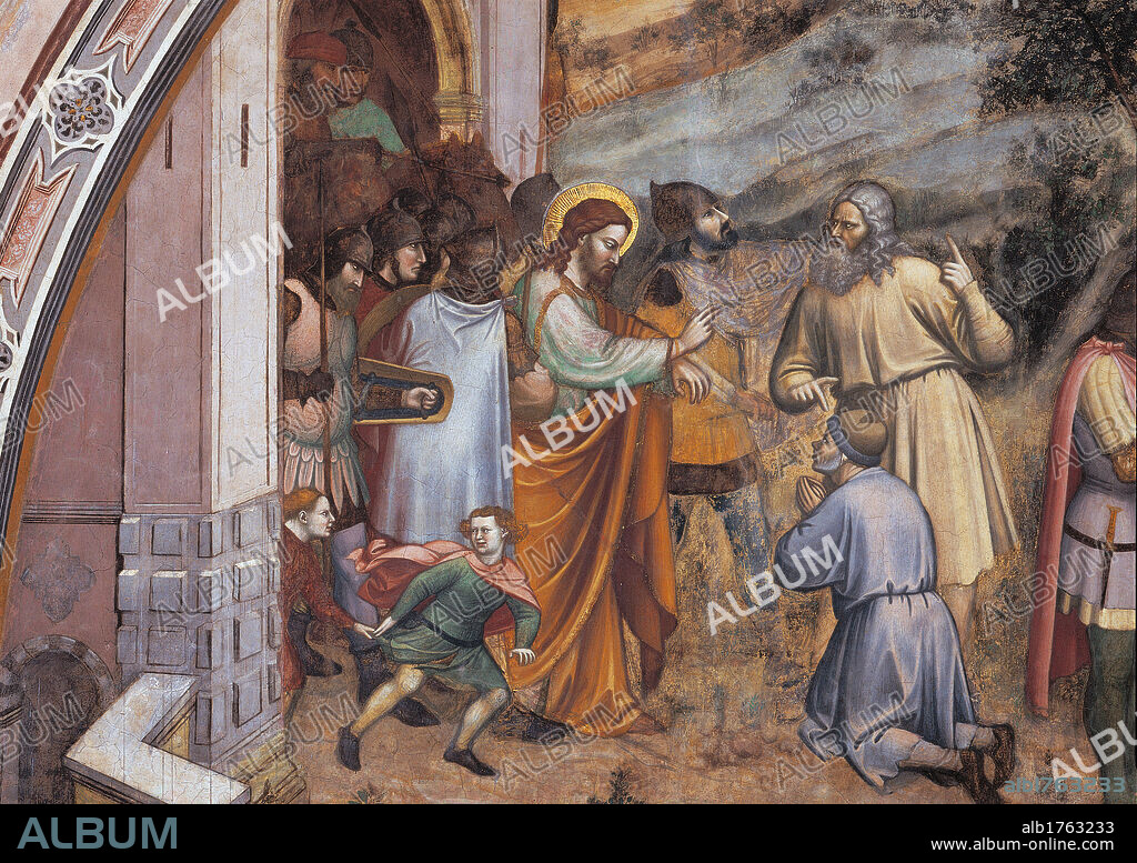 Episode No. 3 of the Stories of St James. Martyrdom of St James, by Jacopo Avanzi, 1372-1379 about, 14th Century, fresco,. Italy, Veneto, Padua, SantAntonio di Padova Basilica, San Giacomo Chapel. Episode no. 3 of the Stories of St James The Martyrdom of St James. Detail left episode, St James taken out of the town, scribe Iosa and the healed cripple. After restoration. Halo aureole mantle cloak.