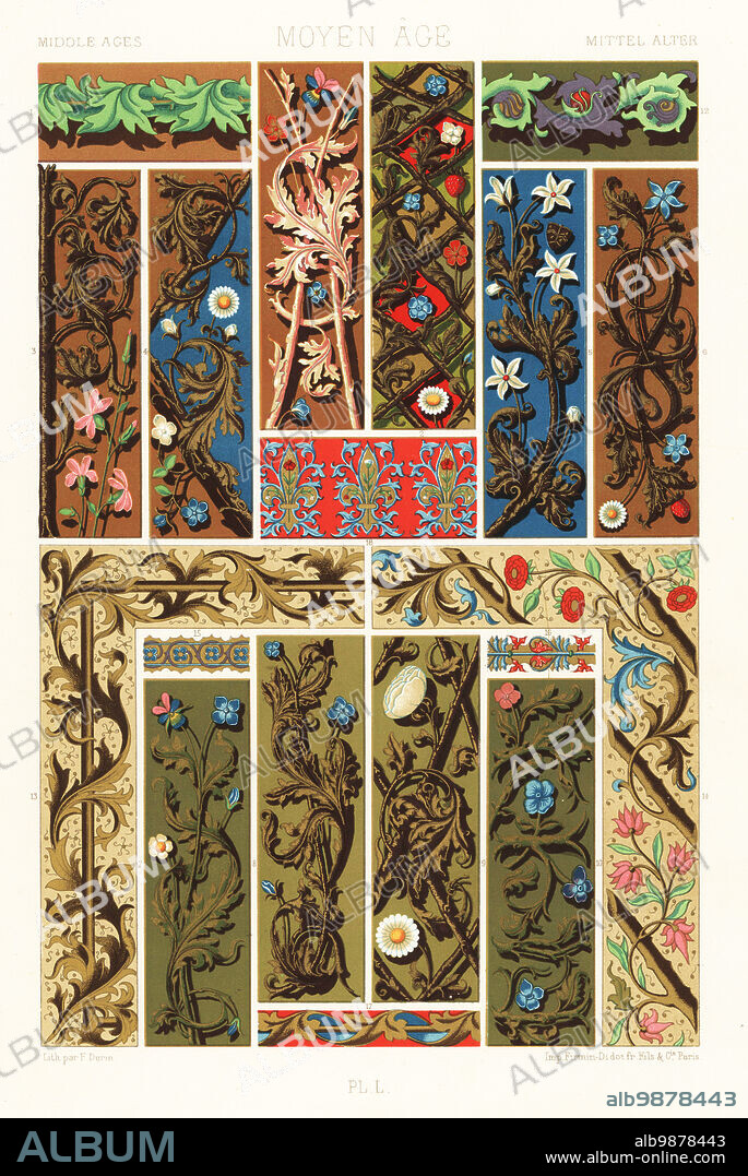 Middle Ages: illuminated manuscripts, 15th century. Flowers and foliage in the French and Flemish schools from a Book of Hours of the Marquis of Paulmy 1-10, manuscript belonging to the Comte de Bastard 11,12, Hours attributed to Israel van Meckenen Bibliotheque Nationale MS 1173 13,14, and other manuscripts 15-18. Moyen Age. Hand-finished chromolithograph by F. Durin from Albert-Charles-Auguste Racinets LOrnement Polychrome, (Polychromatic Ornament), Firmin-Didot, Paris, 1869-73.
