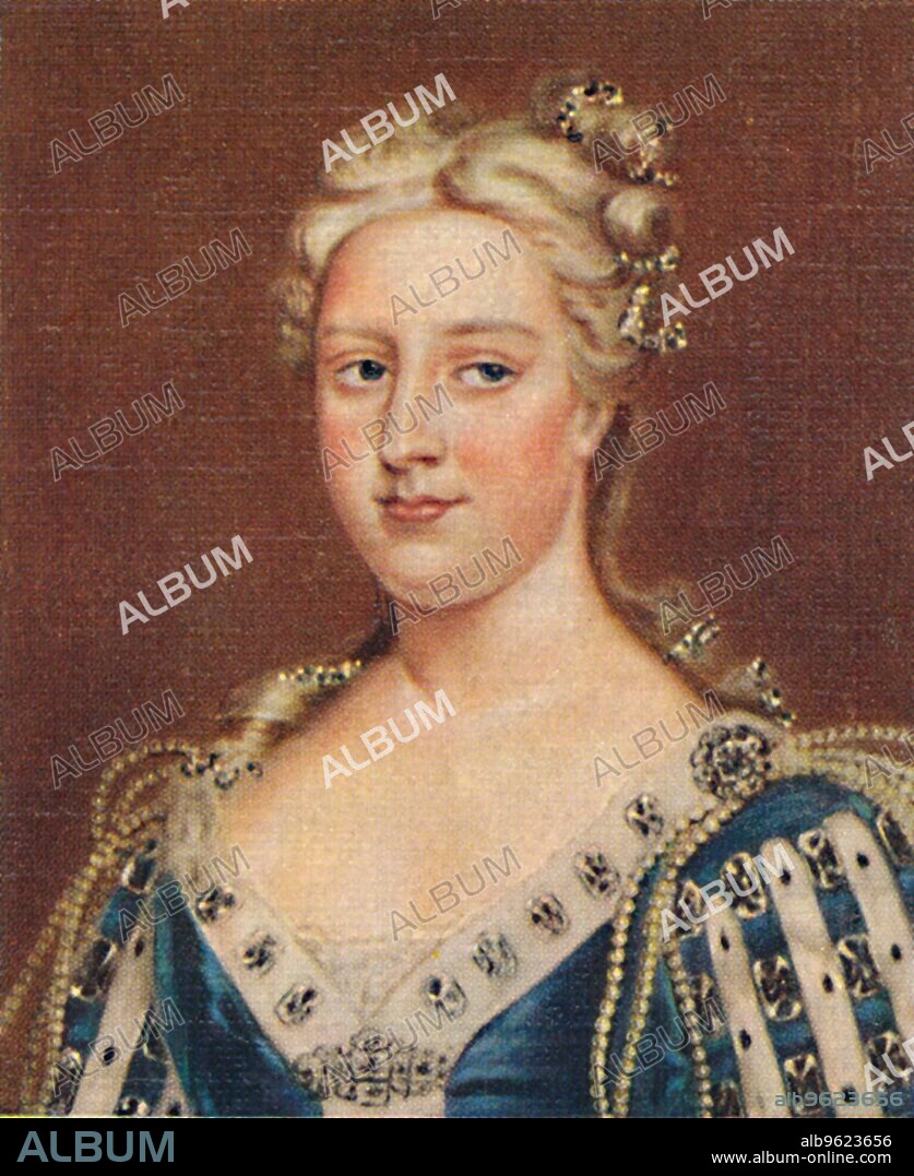 'Caroline of Ansbach', 1935. Queen Caroline. Margravine Wilhelmina Charlotte Caroline of Brandenburg-Ansbach (or Anspach, 1683-1737) as Queen Caroline was the Queen Consort of King George II of Great Britain (1727-1737). From Kings & Queens of England - A Series of 50. [John Player & Sons, London, 1935].