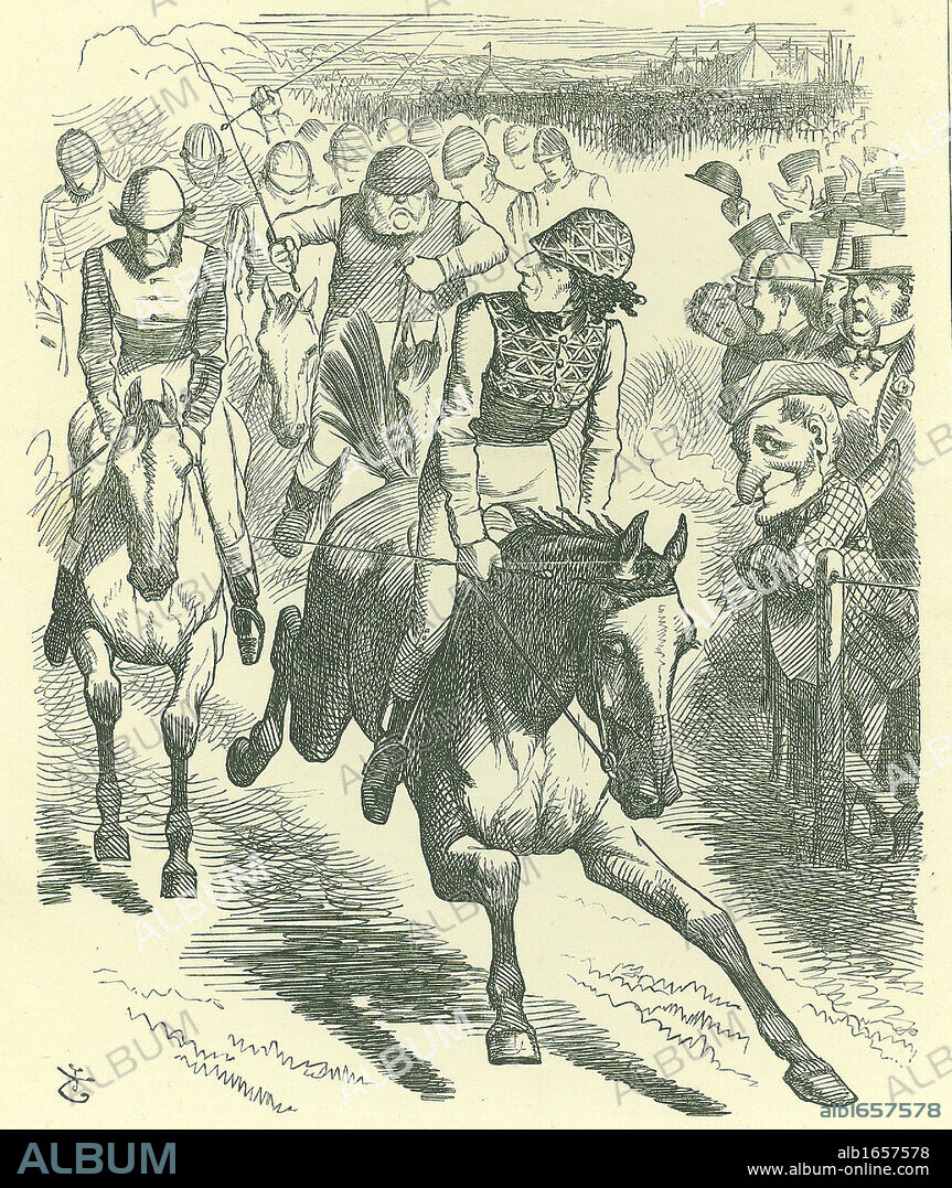 The Derby, 1867. Dizzy Wins with 'Reform Bill': Disraeli introduced a new Reform Bill in 1867. John Tenniel cartoon from Punch, London, 25 May 1867 showing Disraeli beating Gladstone to the winning post.