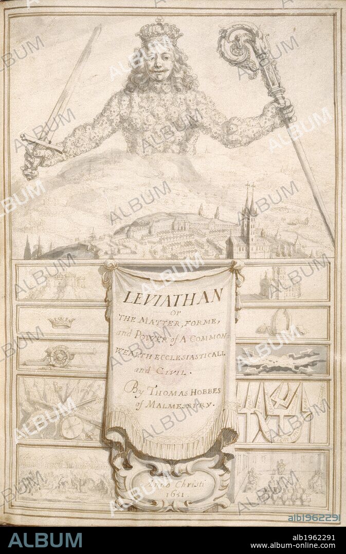 THOMAS HOBBES. An allegorical drawing serving for a title-page, and corresponding with the engraved title-page of the printed edition of 1651. The drawing shows a a giant crowned figure above a city, clutching a sword and a crosier. The torso and arms of the figure are composed of human faces. The lower portion is a triptych, framed in a border. The center form contains the title on a curtain. The two sides reflect the sword and crosier of the main figure â€“ earthly power on the left and the powers of the church on the right. Each side element reflects the equivalent power â€“ castle to church, crown to mitre, cannon to excommunication, weapons to logic, and the battlefield to the religious courts. The giant holds the symbols of both sides, reflecting the union of secular and spiritual in the sovereign, but the construction of the torso also makes the figure the state.  . Leviathan, or the matter, forme and power of a common-wealth ecclesiasticall and civil. 1651. Source: Egerton 1910, f.1. Language: English.
