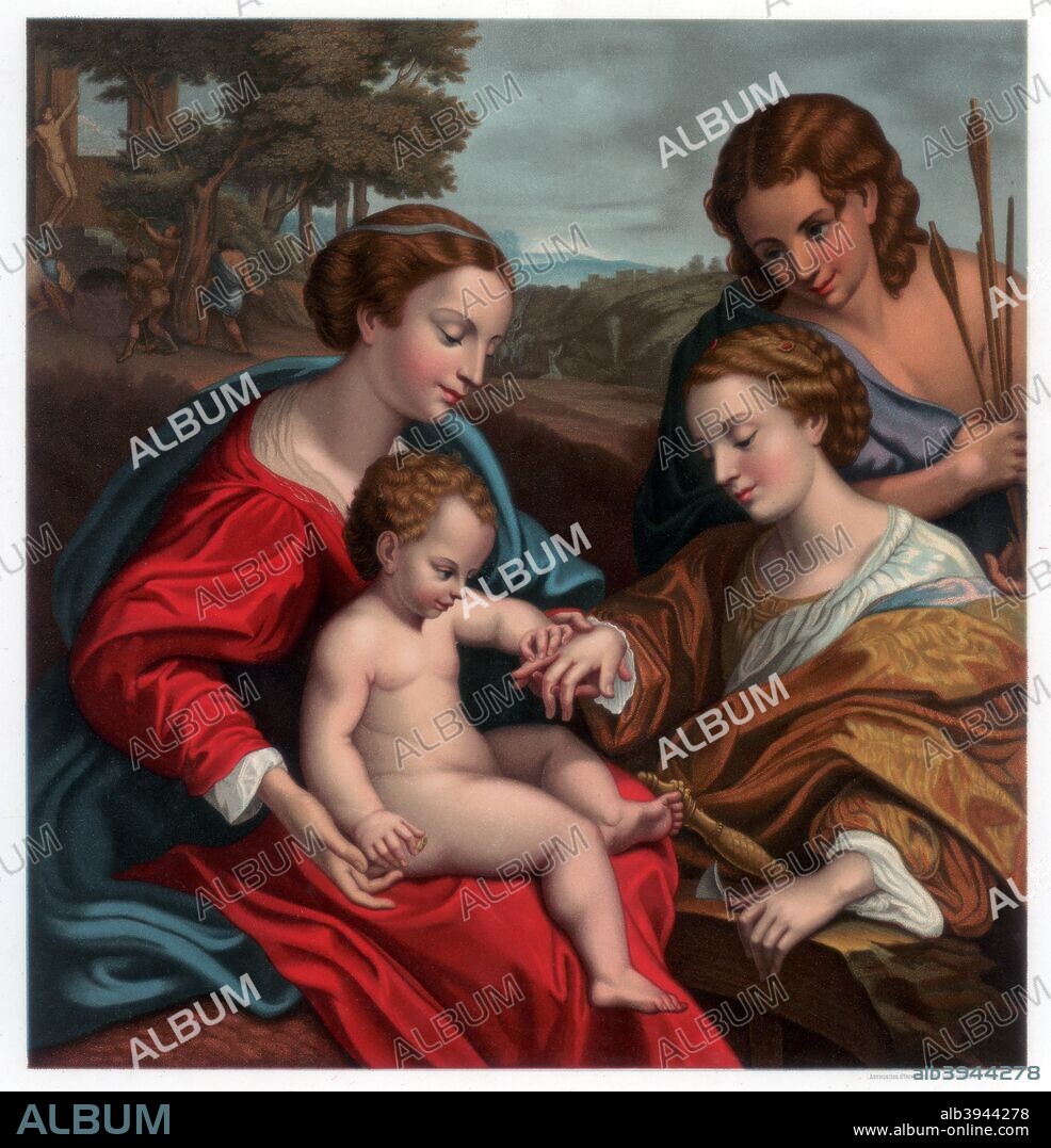 'The Mystic Marriage of St Catherine', 1526-1527 (1870). St Catherine of Alexandria with the Virgin and Child, watched by St Sebastian. From the collection of the Musee du Louvre, Paris. A print from Les Chef D'oeuvre de la Peinture Italienne by Paul Mantz, Paris, 1870.