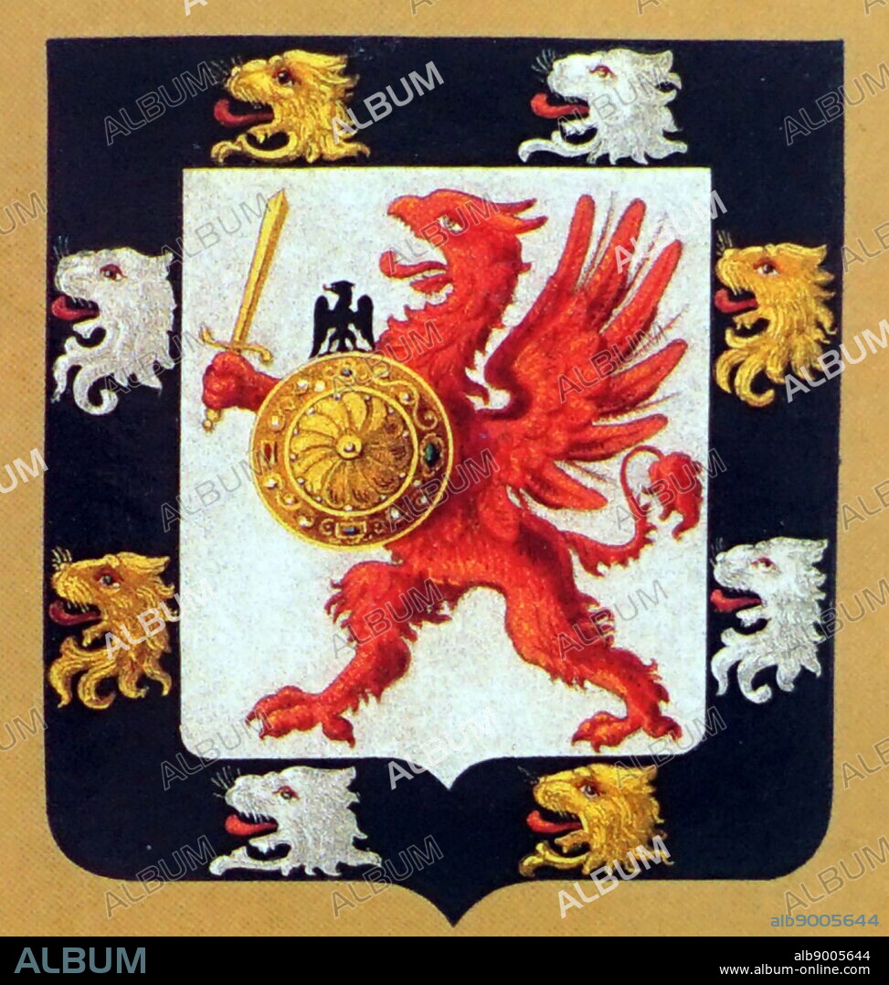 Coat of arms of the Romanov boyars. In a field of silver there is a scarlet vulture holding a golden sword and a torch crowned with a small eagle; on a black border, eight torn off lion heads, four gold and four silver.