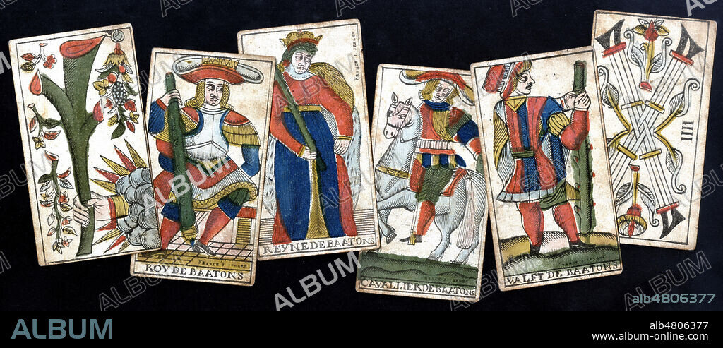 Serie de figures BATON tarot divinatoire , Cartes d'un jeu de tarot . J JERGER a Besancon, debut 19eme siecle. Credit IM/ KHARBINE TAPABOR.