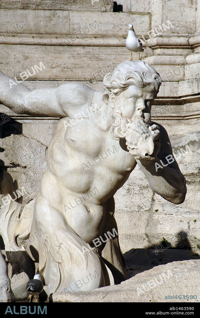 ARTE SIGLO XVIII. ITALIA. FONTANA DI TREVI (1732-1751). Obra de Nicolò SALVI, por encargo del Papa Clemente XII. Representa el reino de los mares. Detalle de un TRITON. ROMA.