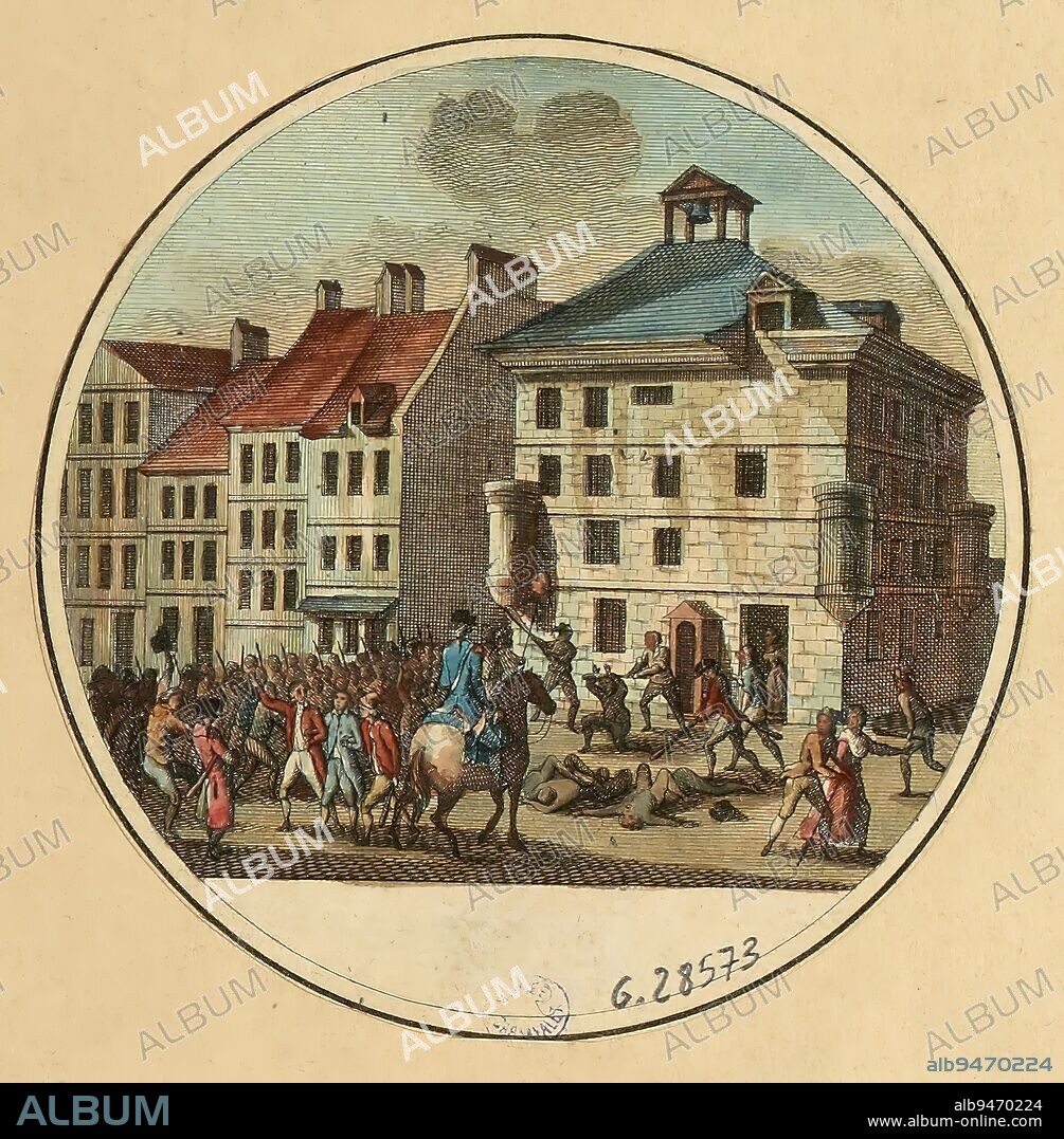 Massacre in the prison of the Abbey from September 2 to 6, 1792, rue Sainte-Marguerite, present 137-166, boulevard Saint-Germain and rue Gozlin, 6th district. 88th painting, plate 6 of the Galerie Historique ou Tableaux des événements de la Révolution..., Lorent or Laurent, Jean-François, Draughtsman, Jacowick, G., Engraver, Maillart, Philippe Joseph, Engraver, Chateigner, Editor, In 1792, Graphic arts, French Revolution, Diameter: 9.2 cm.