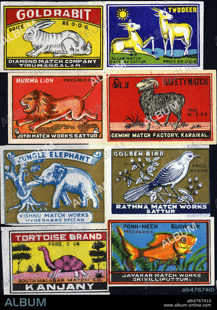 Serie sur les animaux : lapin, antilope, lion, bouc, elephant, oiseau, tortue et poisson. Etiquettes de boites d'allumettes indiennes, vers 1960. Illustrations anonymes. Credit : Collection IM/KHARBINE-TAPABOR.