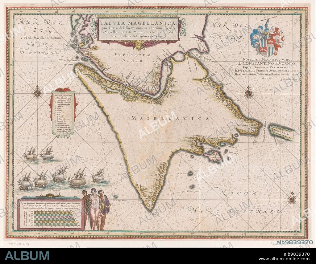 WILLEM BLAEU. Map of the Strait of Magellan, 1635-1664. At the top right a coat of arms.