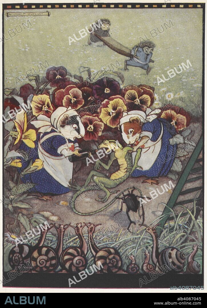 LEWIS PSEUD. [I. E. CHARLES LUTWIDGE DODGSON] CARROLL and GWYNEDD M. HUDSON. Illustration of two Guinea Pigs dressed in maid's outfits looking after a lizard while two hedgehogs are carrying a stretcher in the background to help him. Alice's adventures in wonderland / by Lewis Carroll ; illustrated by Gwynedd M. Hudson. [London?] : Hodder and Stoughton, [1922?]. 'The poor little Lizard, Bill, was in the middle being held up by two Guinea Pigs, who were giving it something out of a bottle.'. Source: YA.1997.b.4119 opposite page 50.
