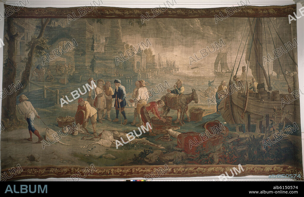 JEAN FRANÇOIS VAN DER BORGHT. LA VUELTA DE LA PESCA - (SEGUN CARTON DE DAVID TENIERS II ) - TAPIZ DE BRUSELAS - 1740 - 2,7X5,40 CM.