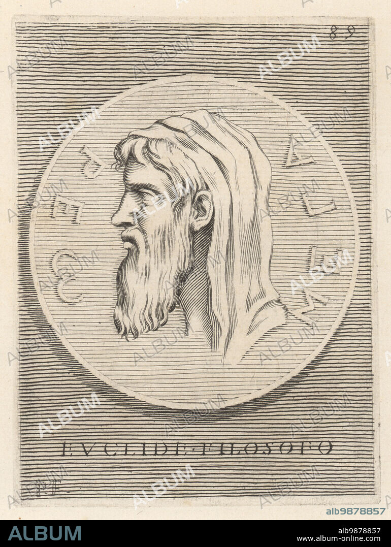 Euclid of Megara, Greek socratic philosopher and founder of the Megarian school, c.435-365 BC. Depicted with beard and hood from a bronze medal in the collection of Cardinal Camillo Massimo. Euclide Filosofo Megarese. Copperplate engraving by Etienne Picart after Giovanni Angelo Canini from Iconografia, cioe disegni d'imagini de famosissimi monarchi, regi, filososi, poeti ed oratori dell' Antichita, Drawings of images of famous monarchs, kings, philosophers, poets and orators of Antiquity, Ignatio deLazari, Rome, 1699.