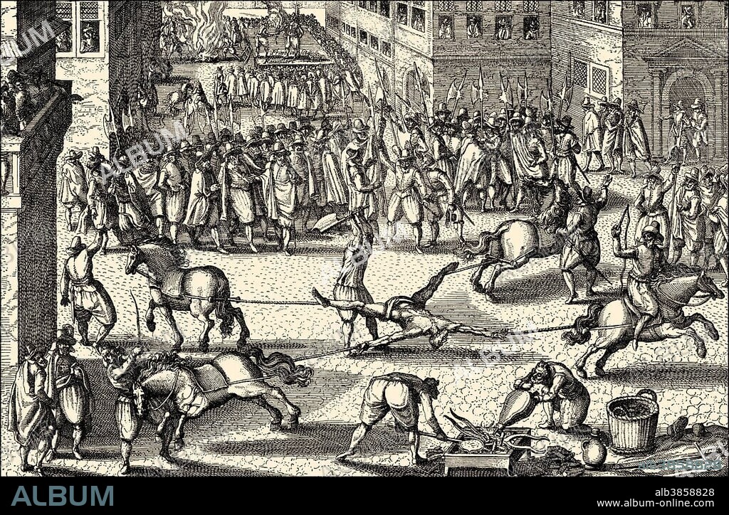 The quartering of François Ravaillac, the assassin of King Henry IV. of France, 1610, historical illustration