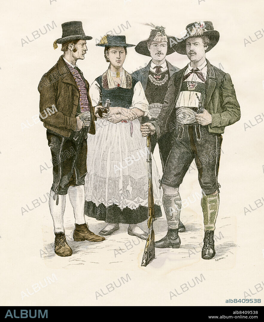 Tyrolean Folk Dress, Lower Inn Valley, Late 19th Century, Illustration, The History of Costume, Braun & Schneider, Munich, Germany, 1861-1880.