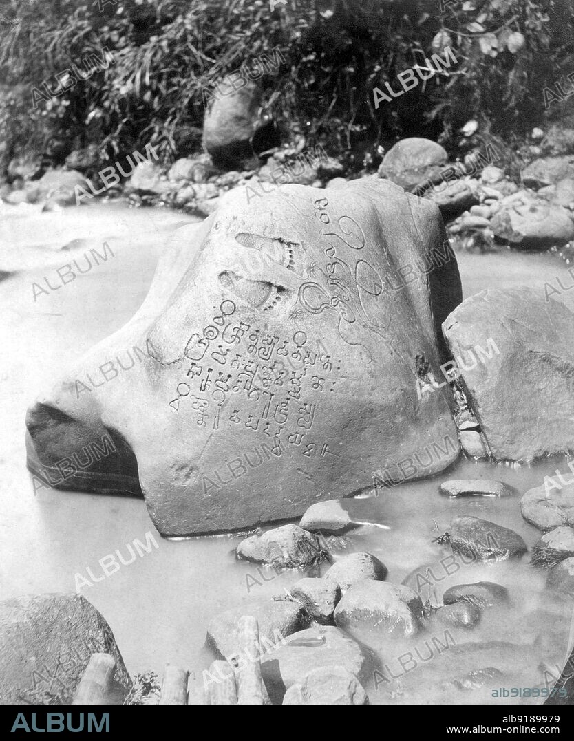Indonesia: The 5th century Ciaruteun inscription stone, Ciaruteun River, Cibungbulang District, Bogor Regency, West Java. Photo by Isidore van Kinsbergen (1821 - 1905), late 19th century. The Ciaruteun inscription, also written Ciarutn or also known as Ciampea inscription is a 5th-century stone inscription discovered on the riverbed of Ciaruteun River, a tributary of Cisadane River, not far from Bogor, West Java, Indonesia. The inscription is dated from the Tarumanagara kingdom period, one of the earliest Hindu kingdoms in Indonesian history. The inscription states King Purnawarman is the ruler of Tarumanagara.
