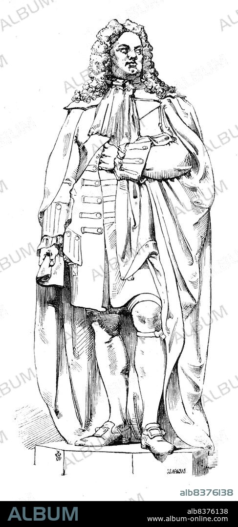 The New Houses of Parliament - Statue of Walpole, 1854. Sculpture by John Bell in the Palace of Westminster, London. Sir Robert Walpole is considered to be the first Prime Minister of Great Britain. 'The statue of Walpole is a finely characteristic figure of the statesman; the drapery (the costume of the period) is well managed, the hanging in bold ample folds; and the work maintains the fame of the sculptor, Mr. Bell'. From "Illustrated London News", 1854.