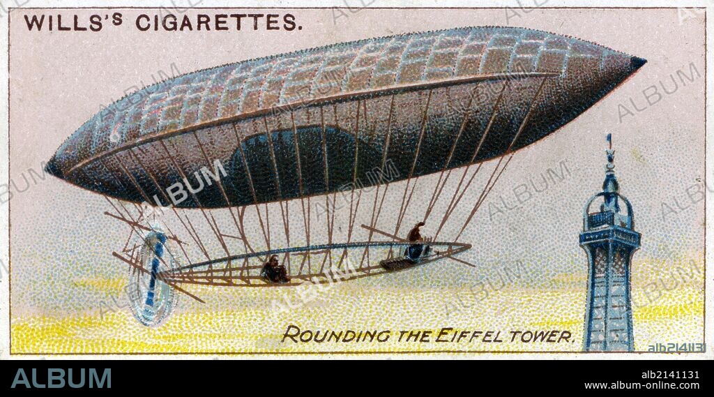 Aviation, 1910: Alberto Santos-Dumont (1873-1932) in his airship No. 6 roundinrg the Eiffel Tower and winning the Deutsch Prize, 1901.  (Photo by: Universal History Archive/UIG via Getty Images).