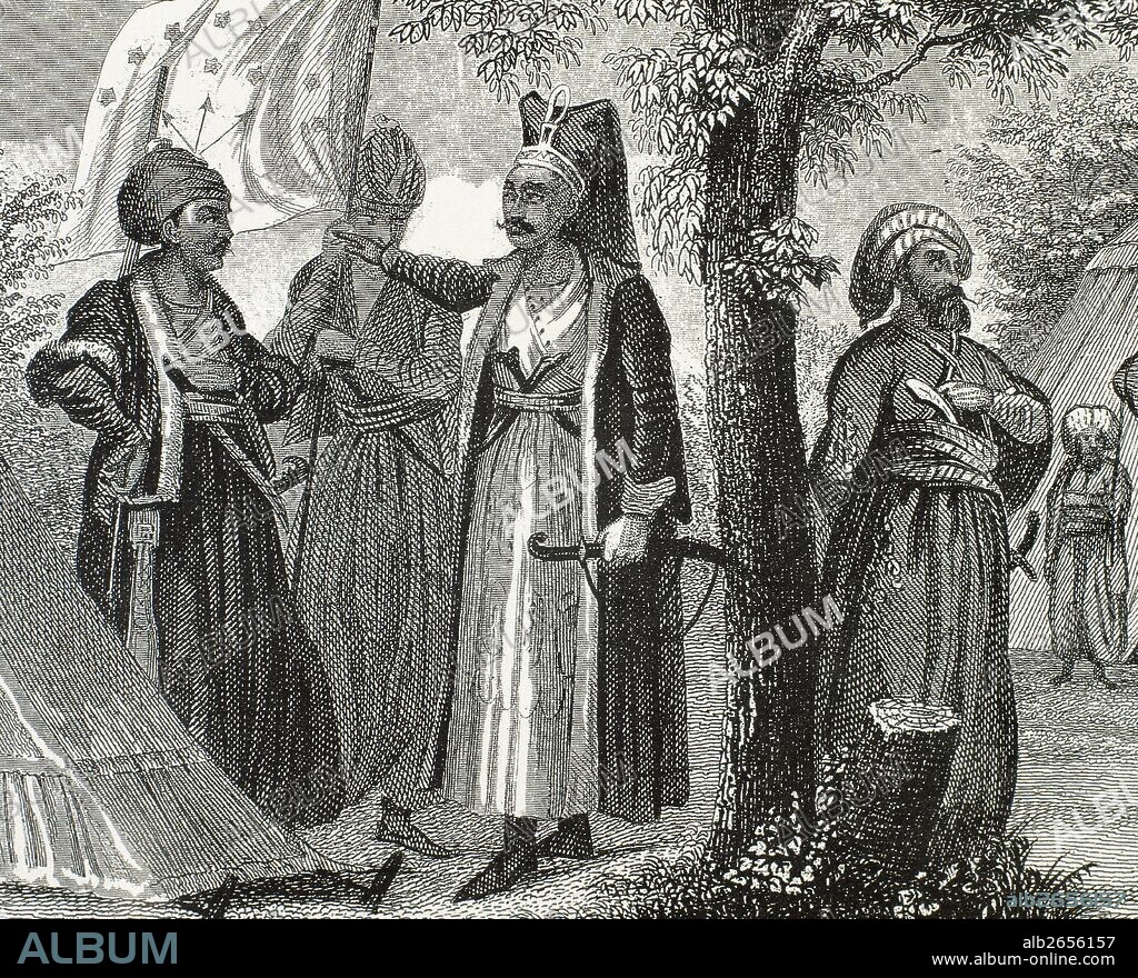 Janissaries. Elite infantry units that formed the Ottoman Sultan's household troops and bodyguards. Engraving. 19th century.