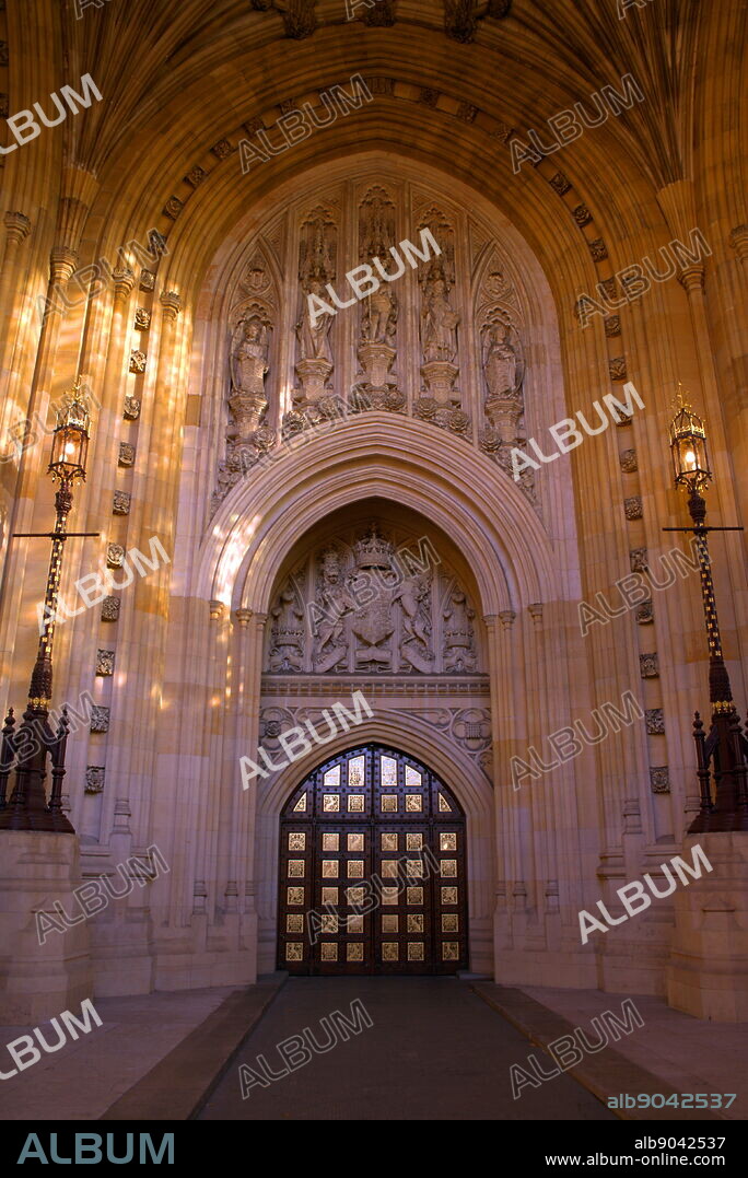 Norman Porch, the entrance to the Palace of Westminster, is the Sovereign's Entrance beneath the Victoria Tower. It was designed for the use of the monarch, who travels from Buckingham Palace by carriage every year for the State Opening of Parliament.