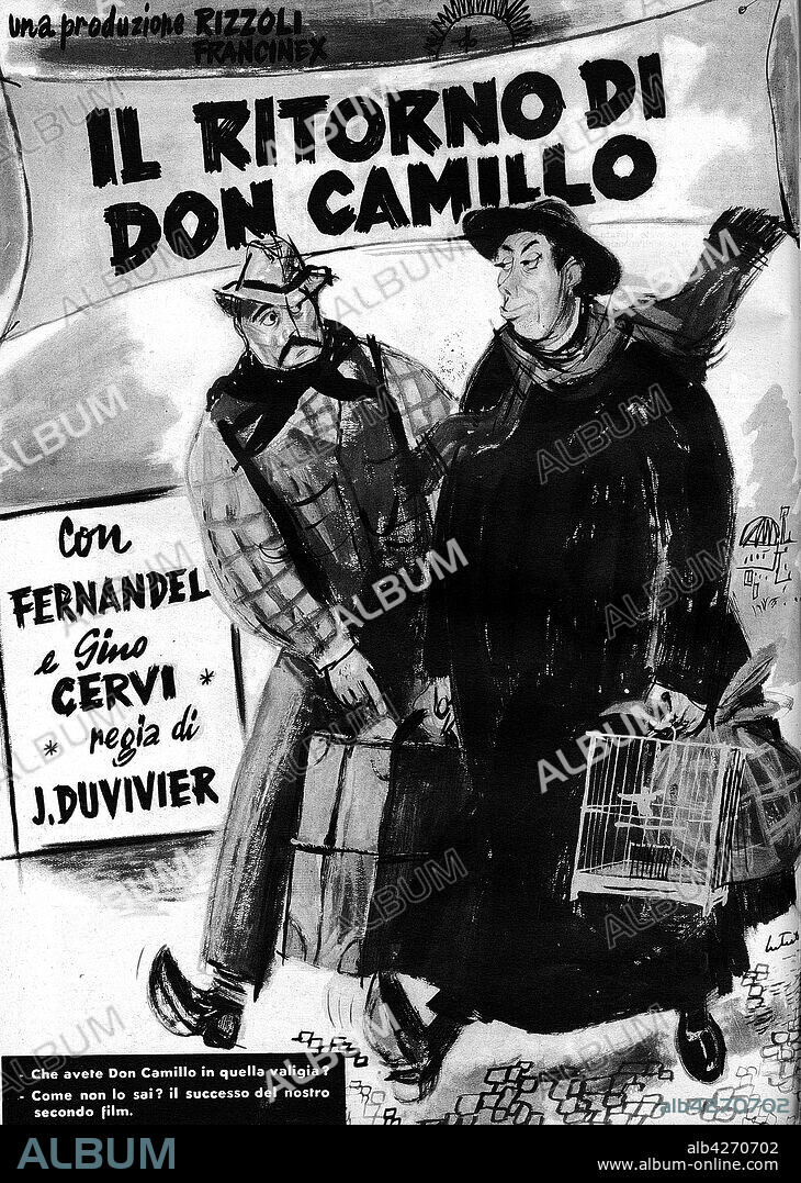 Advertisements in Italy in the first industrial age. Poster movie 'the return of Don Camillo' . Fernandel, Gino Cervi;;1953; directed by J. Duvivier.