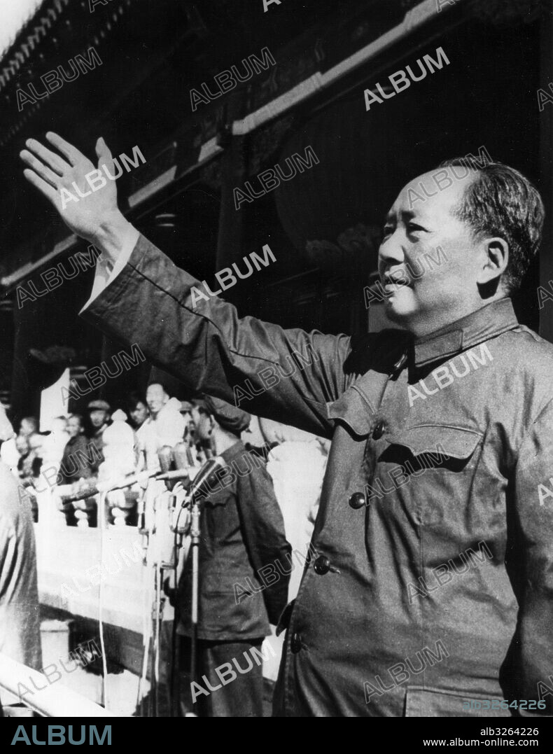 Chairman Mao Zedong addressing the crowd from the rostrum in Tienanmen Square as he reviews paraders taking part in the grand rally celebrating the great proletarian cultural revolution. 1966.