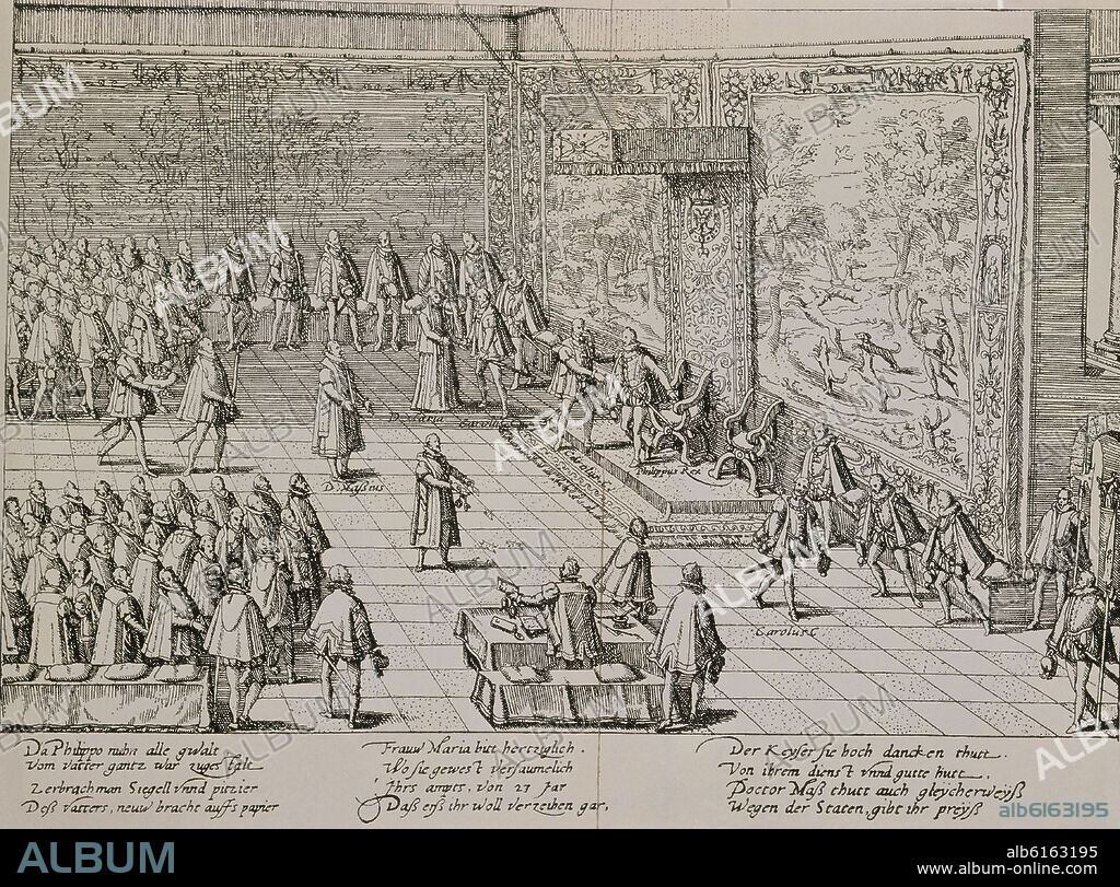 FRANS HOGENBERG (1535-1590). GRABADO - ABDICACION DE CARLOS V EN FELIPE II EN LOS PAISES BAJOS EL 25/10/1555 - BRUSELAS.