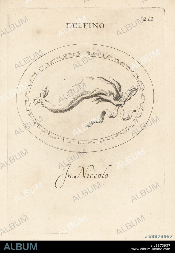 Dolphin, the sacred animal of Venus. Also the celestial sign Delphinus. In nicolo. Delfino in niccolo. Copperplate engraving by Giovanni Battista Galestruzzi after Leonardo Agostini from Gemmae et Sculpturae Antiquae Depicti ab Leonardo Augustino Senesi, Abraham Blooteling, Amsterdam, 1685.