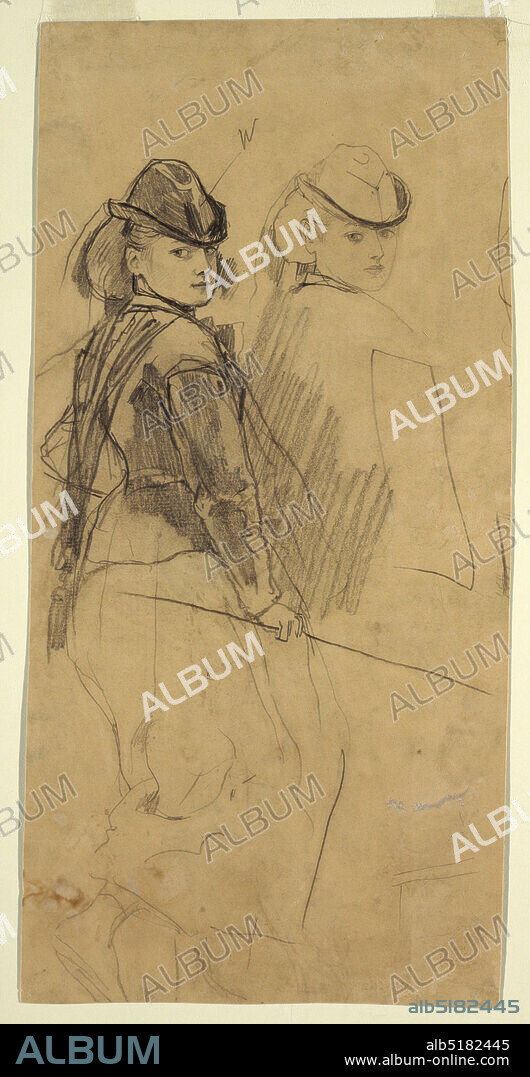 Two Studies of a Young Girl Looking Over Her Shoulder, Winslow Homer, American, 18361910, Recto: Graphite on brown paper Verso: Graphite, white chalk on brown paper, blackened for transfer, Recto: Two horizontal half-length sketches of a young girl in a riding habit [with indications of a side-saddle position]., Verso: Horizontal view across a drill ground, with log house and tents in foreground., USA, 1861, figures, Drawing, Drawing.